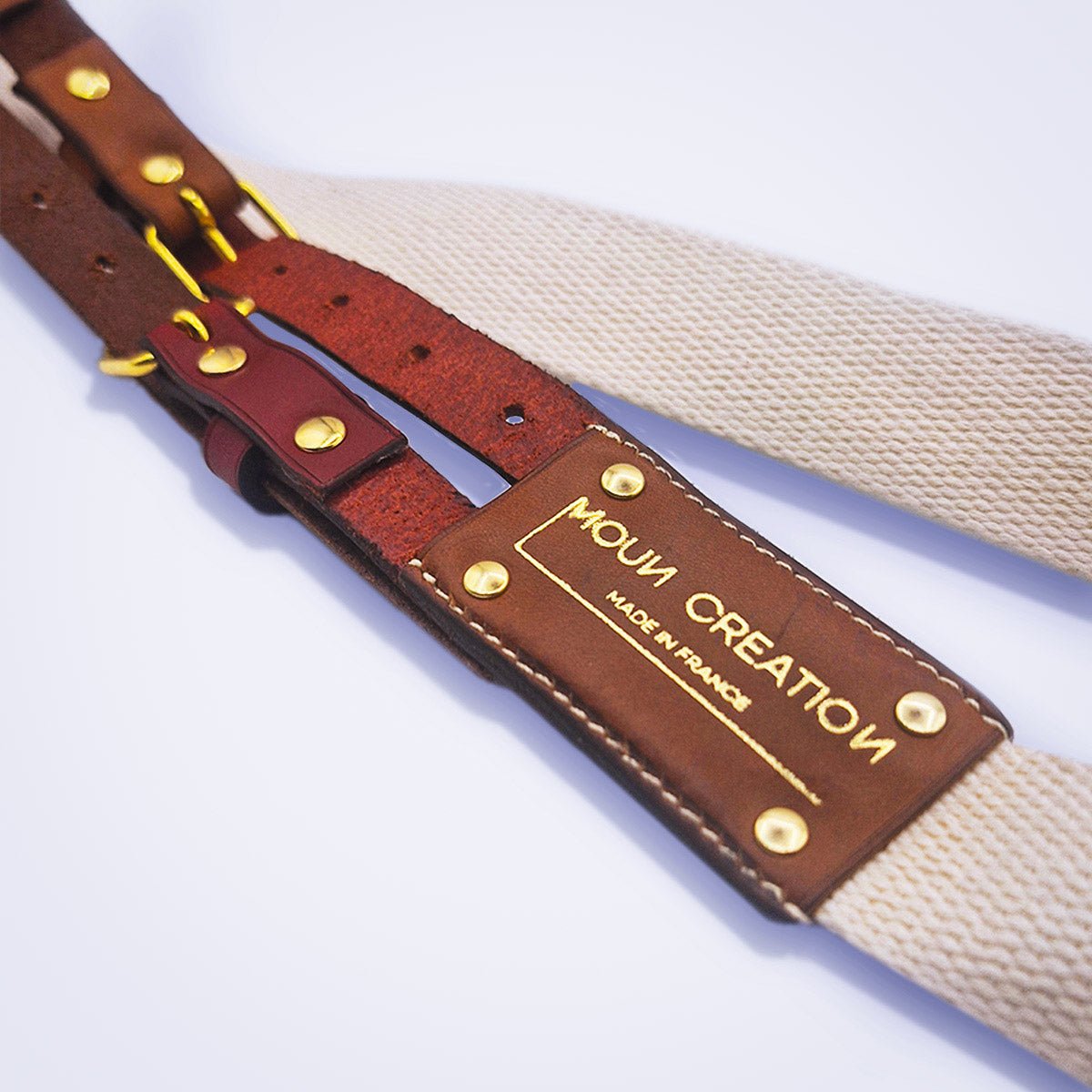 Ceinture bi matière ajustable en cuir camel et bordeaux avec toile de coton pour marquer la taille MOUNCREATION