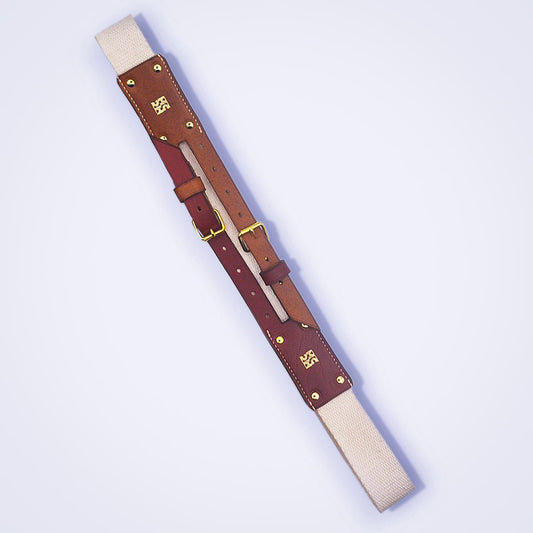 Ceinture bi matière en cuir camel et bordeaux avec toile de coton et boucles dorées face MOUNCREATION
