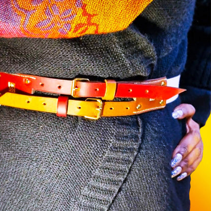 Ceinture bi matière cuir et toile portée sur tunique blouse robe ou jean MOUNCREATION
