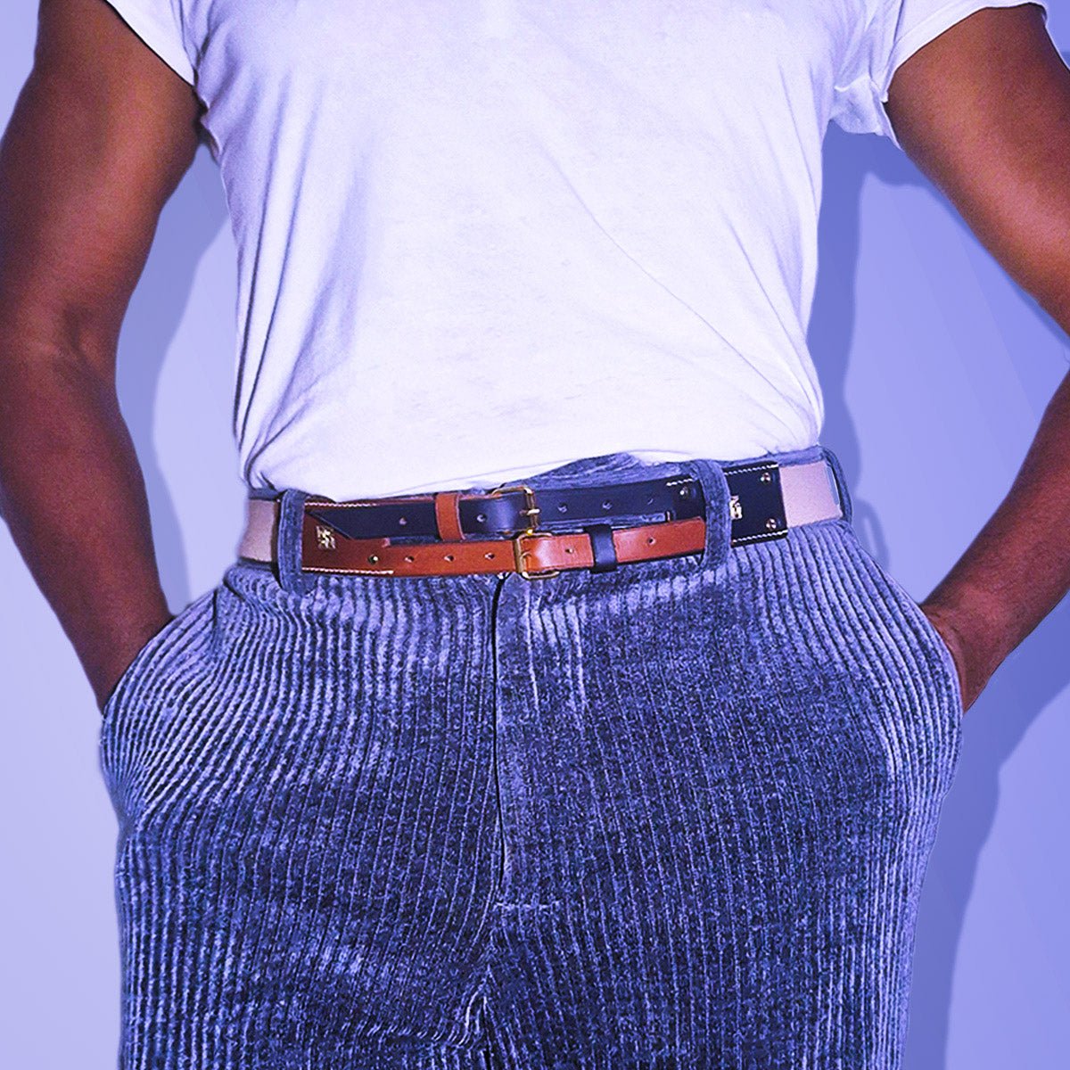 Ceinture bi - matière cuir navy blue & toile de coton - MOUN CREATION Artisan maroquinier