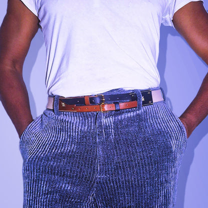 Ceinture bi - matière cuir navy blue & toile de coton - MOUN CREATION Artisan maroquinier