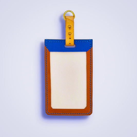 Porte - badge en cuir camel & bleu - MOUN CREATION Artisan maroquinier