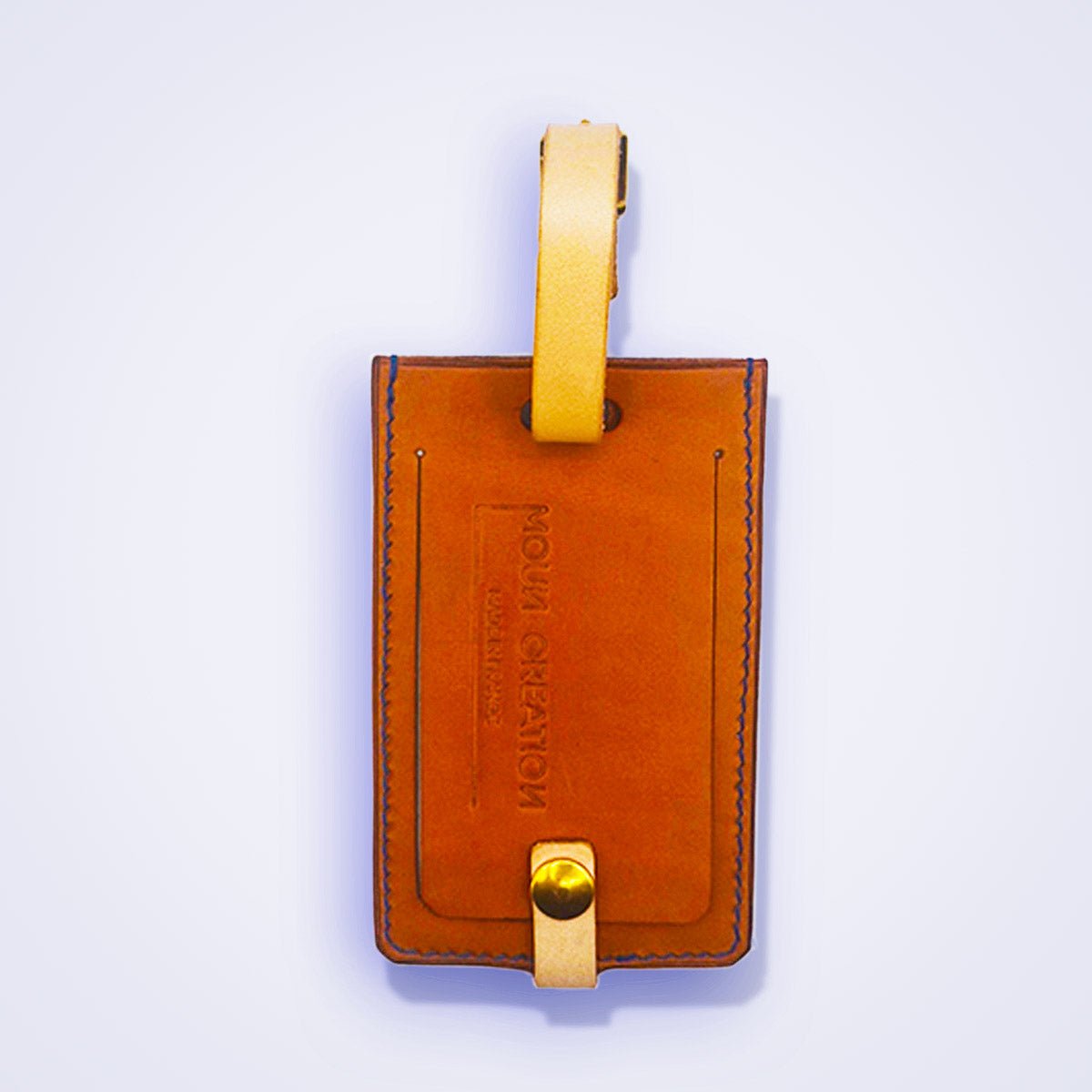 Porte - étiquette de bagage en cuir camel & bleu - MOUN CREATION Artisan maroquinier