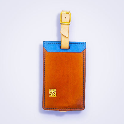 Porte - étiquette de bagage en cuir camel & bleu - MOUN CREATION Artisan maroquinier