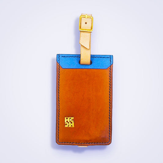 Porte - étiquette de bagage en cuir camel & bleu - MOUN CREATION Artisan maroquinier