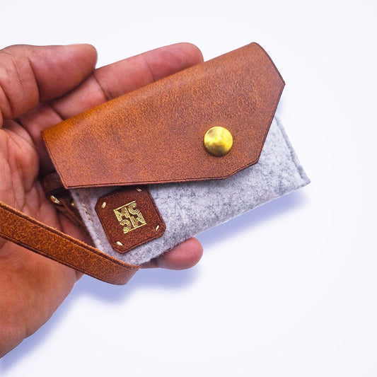 Porte - monnaie bi - matière avec dragonne – cuir & feutre - MOUN CREATION Artisan maroquinier