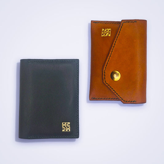 Portefeuille MEANDI – cuir vert sapin & camel avec porte - cartes et porte - monnaie clipsables - MOUN CREATION Artisan maroquinier